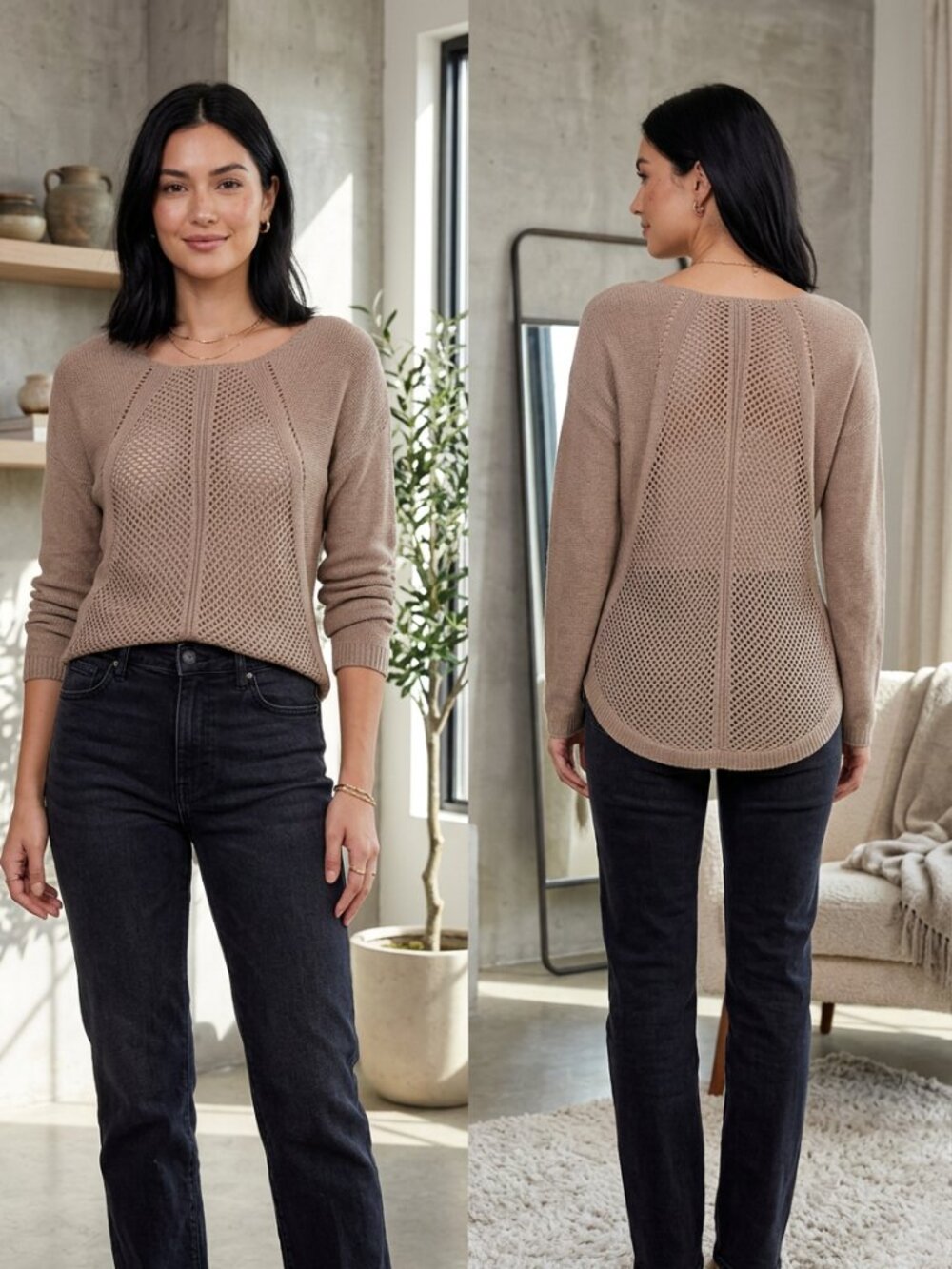 Willi Smith Tan Open Knit Boat Neck Sweater